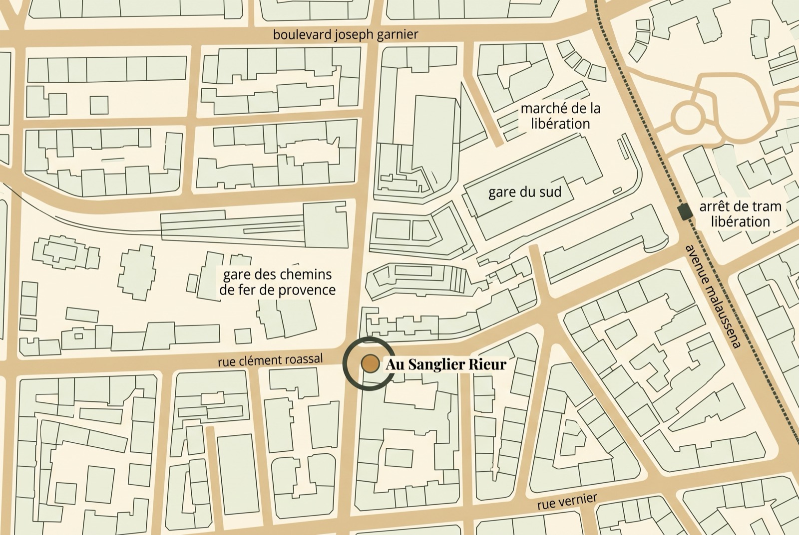Plan du quartier Libération à Nice. Au Sanglier Rieur se trouve rue Clément Roassal, entre la gare des Chemins de fer de Provence à l'ouest et l'avenue Malaussena à l'est. Le marché de la Libération et la Gare du Sud sont au nord, l'arrêt de tram Libération au nord-est.